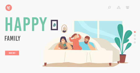 Happy Family Landing Page Template. Characters Mother, Father and Little Daughter Lying Under Blanket on Bed in Roomのイラスト素材