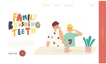Kids Brushing Teeth Landing Page Template. Happy Family Characters with Toothbrush and Paste Dental Hygiene Procedureのイラスト素材