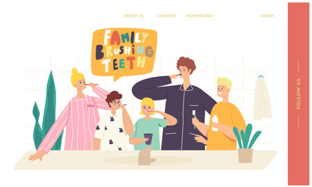 Happy Family Characters Brush Teeth Landing Page Template. Parents and Children Dental Care in Bathroomのイラスト素材