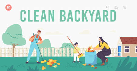 Landing Page Template. Happy Mother and Sons Garden Clean Up Works. Family Characters Cleaning Backyard Having Funのイラスト素材