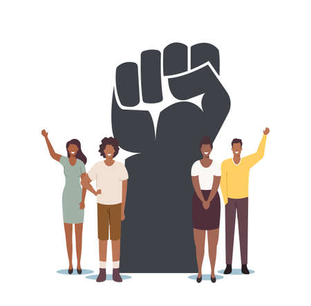 Black Lives Matter, Blm. Tiny Black Characters around of Huge Raised Hand. Equality Campaign Against Discriminationのイラスト素材