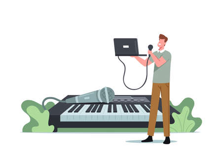 Tiny Male Character Sing with Microphone and Laptop at Huge Synthesizer. Man Take Vocal Lessons Training Voiceのイラスト素材