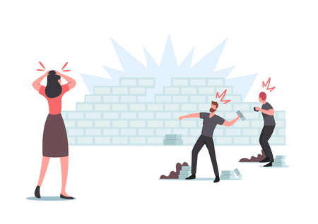 Damage, Conflict, Panic, Violence Riot, Looting, Aggressive Herd Behavior Concept. Characters Throw Stones in Brick Wallのイラスト素材