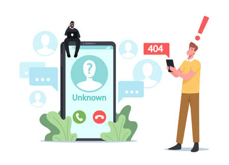Cheater Prank, Scam Activity Concept. Tiny Fraud Character Sit on Huge Smartphone Call from Unknown...