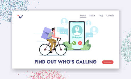 Find Out Who is Calling Landing Page Template. Courier Delivering Food Call on Client Smartphone from Unknown Numberのイラスト素材