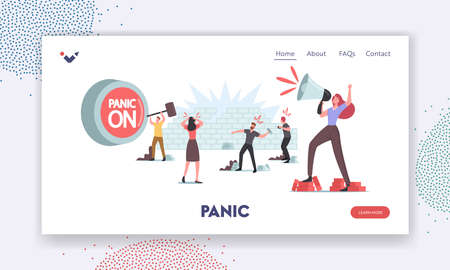 Panic, Violence, Aggressive Behavior Landing Page Template. Male Characters Throw Stones, Woman Yell to Loudspeakerのイラスト素材