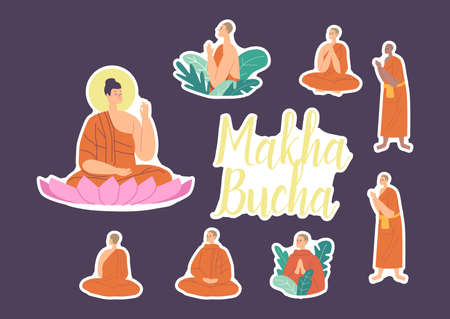 Set of Stickers Makha Bucha Holiday. Buddha Sitting in Lotus Flower, Buddhists Monks wearing Orange Robes Prayingのイラスト素材