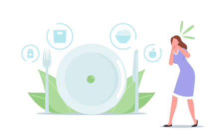 Woman Feel Nausea while Watching on Food. Anorexia or Bulimia Unhealthy Life Concept. Female Character with Mental Disorder Refuse Eating, Loss Weight, Feel Guilty. Cartoon People Vector Illustrationのイラスト素材