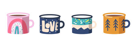 Set Various Tea or Coffee Cups Side View. Mugs with Different Ornaments Rainbow, Love Word, Fir-Trees and Abstract Spotsのイラスト素材