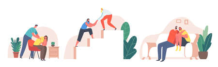 Friendship Concept. Characters Giving Comfort and Support to Friends, Keeping Palms on Shoulder, Help to Climb Upstairsのイラスト素材