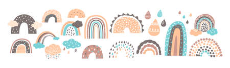 Set of Scandinavian Rainbows in Cute Baby Style, Simple Design for Wallpaper, Apparel Print or Pattern. Funny Pastel Colored Rain Drops and Clouds Isolated on White. Cartoon Vector Illustration, Iconsのイラスト素材