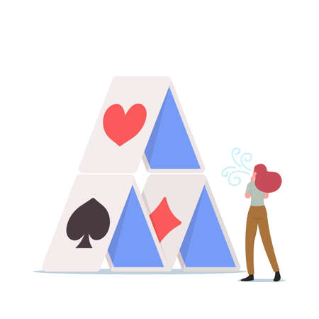 Sneaky Insincere Female Character with Bad Intentions Blow on Cards Tower Trying to Break Building. Hidden Enemy Harmのイラスト素材