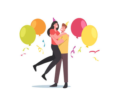 Loving Couple Hugging, Male and Female Characters in Holiday Caps, Confetti and Balloons Celebrate Anniversary Togetherのイラスト素材