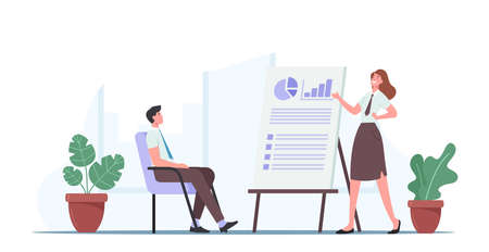 Business Presentation with Characters on Seminar in Office, Trainer Give Financial Consultation at Board with Dataのイラスト素材