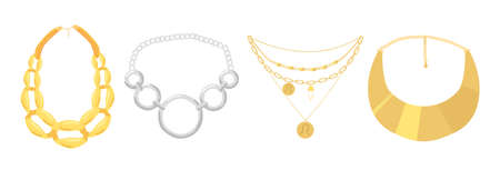 Set of Necklaces, Beads Jewelry Isolated on White Background. Gold and Silver Jewels, Bijoux for Women, Boho Bijouterieのイラスト素材