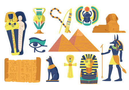 Set of Ancient Egypt Religious Symbols and Landmarks. Sphinx, Scarab and Mummy, Eye of Providence,...