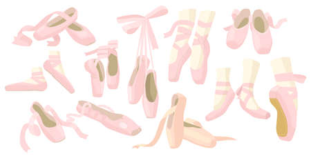 Ballerina Pointe Ballet Shoes, Slippers with Pink Ribbons Isolated on White Background. Footgear for Dancingのイラスト素材