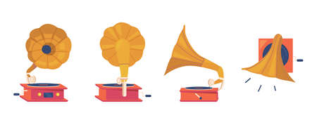 Gramophone Player Front, Back, Side and Top View. Antique Equipment for Listening Music and Vinyl Disks, Vintage Playerのイラスト素材