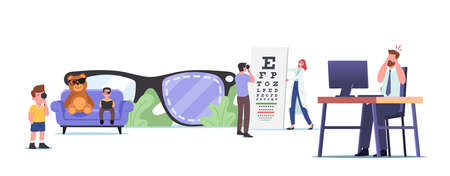 Lazy Eye Amblyopia, Strabismus Disease Concept. Tiny Characters Visiting Oculist Doctor for Sight Treatmentのイラスト素材