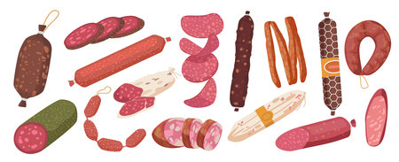 Salami, Pepperoni Smoked Sausage, Beef Meat and Ham Farm or Butcher Store Production. Bacon, Boiled Sausage Delicatessenのイラスト素材