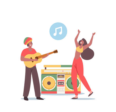 Reggae Party, Rasta People Having Fun, Music Festival. Hippie Male and Female Characters in Jamaica Costumes Danceのイラスト素材