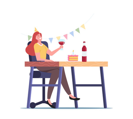 Home or Office Party, Young Female Character Wearing Festive Hat Holding Wine Glass in Decorated Room Celebrate Holidayのイラスト素材