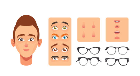 Woman Face Constructor Elements, Avatar Creation. Caucasian Female Character Facial Construction Nose, Eyes, Eyebrowsのイラスト素材