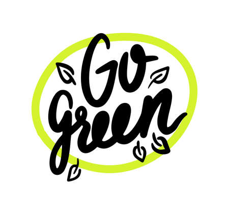 Go Green Emblem with Typography in Green Circle with Tree Leaves. Ecology Conservation, Save Planet Concept, Bannerのイラスト素材