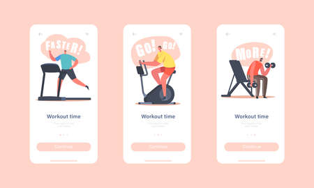 Workout Time Mobile App Page Onboard Screen Template. Characters Training in Gym. Sportsmen Sportswomen Charactersのイラスト素材