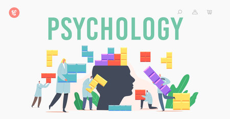 Psychology Landing Page Template. Tiny Psychologist Doctor Characters Setup Colorful Puzzle Pieces on Huge Human Headのイラスト素材