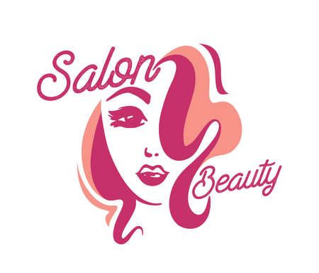 Female Face with Curly Hair Label for Beauty Salon, Creative design with Cute Girl Head Isolated on White Backgroundのイラスト素材