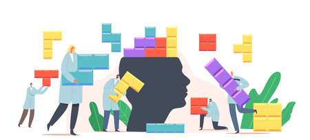 Tiny Psychologist Doctor Characters Set Up Colorful Puzzle Pieces on Huge Human Head. Mental Health and Mind Treatmentのイラスト素材