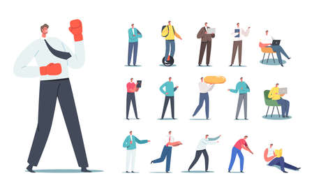 Set of Male Characters Businessman in Boxing Gloves, Teenager Riding Unicycle, Man Reading Book, Carry Huge Pill, Gadgetのイラスト素材