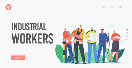 Industrial Workers Landing Page Template. Characters Team Builder, Engineer or Foreman with Tools and Blueprintのイラスト素材