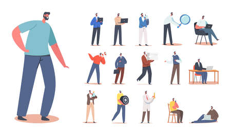 Set of Male Characters Worker in Helmet, Clerk with Paper Documents, Dad with Child, Promoter with...