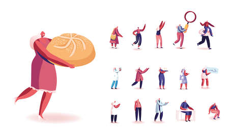 Set of Female Characters Carry Huge Bread, Magnifying Glass, Tray with Champagne and Pack with Blood, Girl Riding on Manのイラスト素材