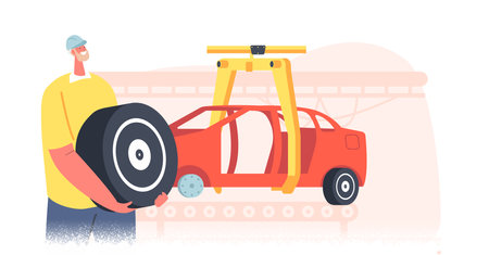 Engineer Character with Tyre or Wheel in Hands at Factory Set Up Car on Assembly Line. Automotive Industrial Technologyのイラスト素材