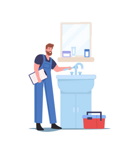 Home Repairment Concept. Plumber Character in Blue Overalls Fixing Broken Sink at Home Bathroom. Repair Service Masterのイラスト素材