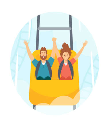 Family Characters Man and Woman Riding Roller Coaster in Amusement Park, Fun Fair Carnival Weekend Activity, Leisureのイラスト素材