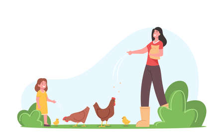 Young Mother with Little Daughter Feeding Fowl on Farm. Farmers Family or Villagers Work. Mom and Girl Care of Birdsのイラスト素材