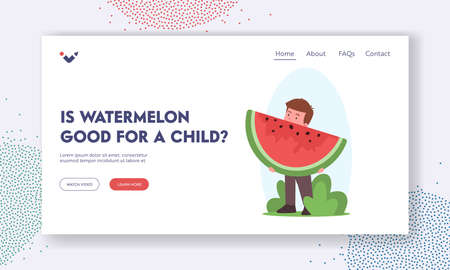 Little Boy Eat Watermelon Slice Landing Page Template. Child Character Eating Summer Fruits, Healthy Nutritionのイラスト素材