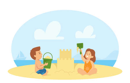 Boy and Girl Characters in Swimwear Playing on Sea Beach Building Sand Castle. Kids Having Fun on Summer Vacationのイラスト素材