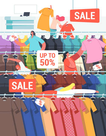 Buyers Female Characters at Seasonal Sale or Discount. Cheerful Shopaholic Grab Apparel from Store Hangers, Shoppingのイラスト素材