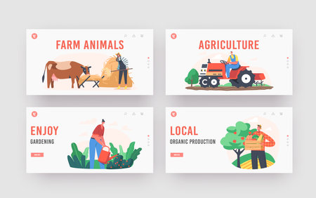 Farmers Doing Farming Job Landing Page Template Set. People Feed Cow and Fowl, Care of Domestic Animals at Livestockのイラスト素材
