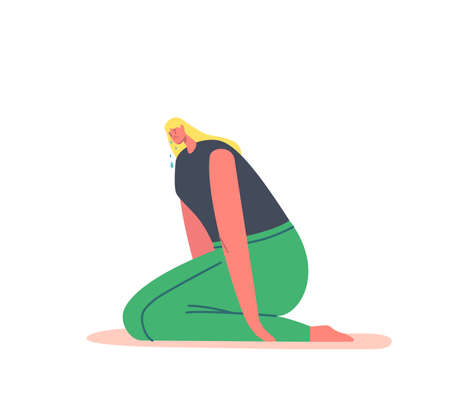 Young Woman Sitting on Floor Crying, Feel Pain and Grief with Tears Pouring Down, Sad Female Express Negative Emotionsのイラスト素材
