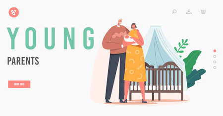 Young Parents Landing Page Template. Couple Holding Newborn Baby on Hands, Father and Mother Care of Child, Maternityのイラスト素材