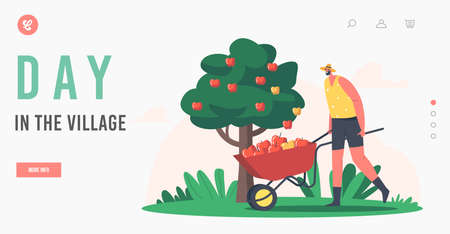 Day in the Village Landing Page Template. Seasonal Work on Farm. Farmer Pick Apple Harvest to Wheelbarrow in Orchardのイラスト素材