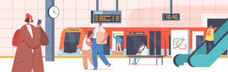 People at Subway Station with Train, Escalator, Map, Clock and Digital Display. Male Female...