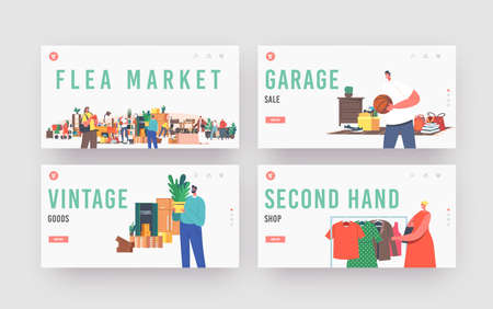 Flea Market Landing Page Template Set. Characters Shopping Antique Things. Garage Sale, Outdoor Retro Bazaarのイラスト素材