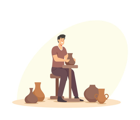 Handcrafted Master Class, Creative Occupation. Happy Man Making Pot on Rotating Wheel during Pottery Workshop, Hobbyのイラスト素材